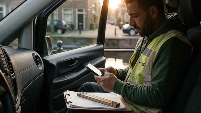 Een vakman leest aan het eind van de dag in zijn bus een bericht op zijn telefoon.