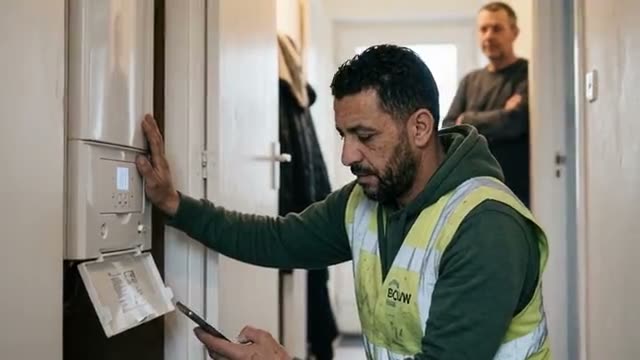 Een vakman beantwoordt in een deuropening een vraag, telefoon in de hand.